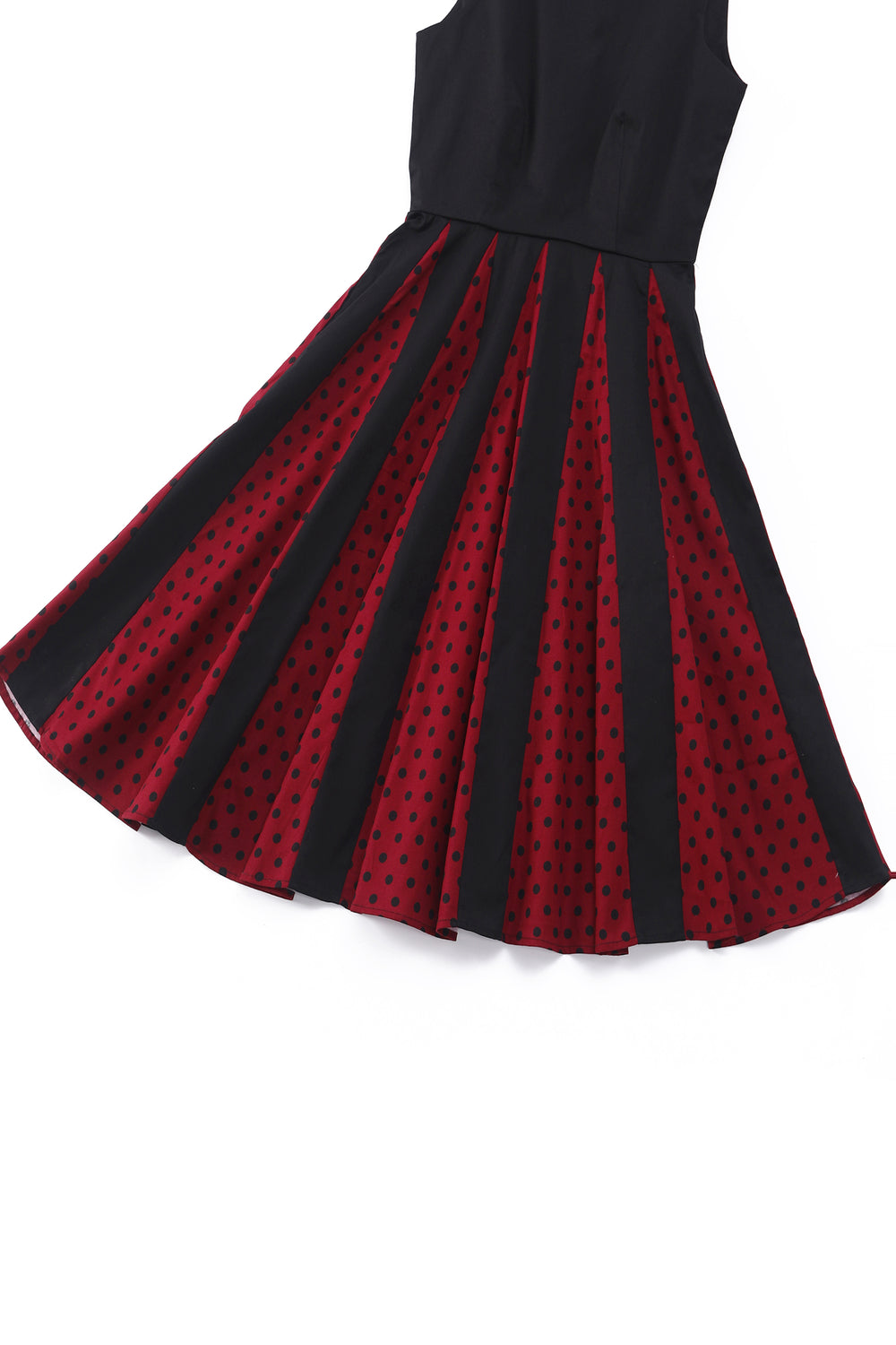 Judith Cotton Retro Pleated Polka Dot Dress in Black and Burgundy