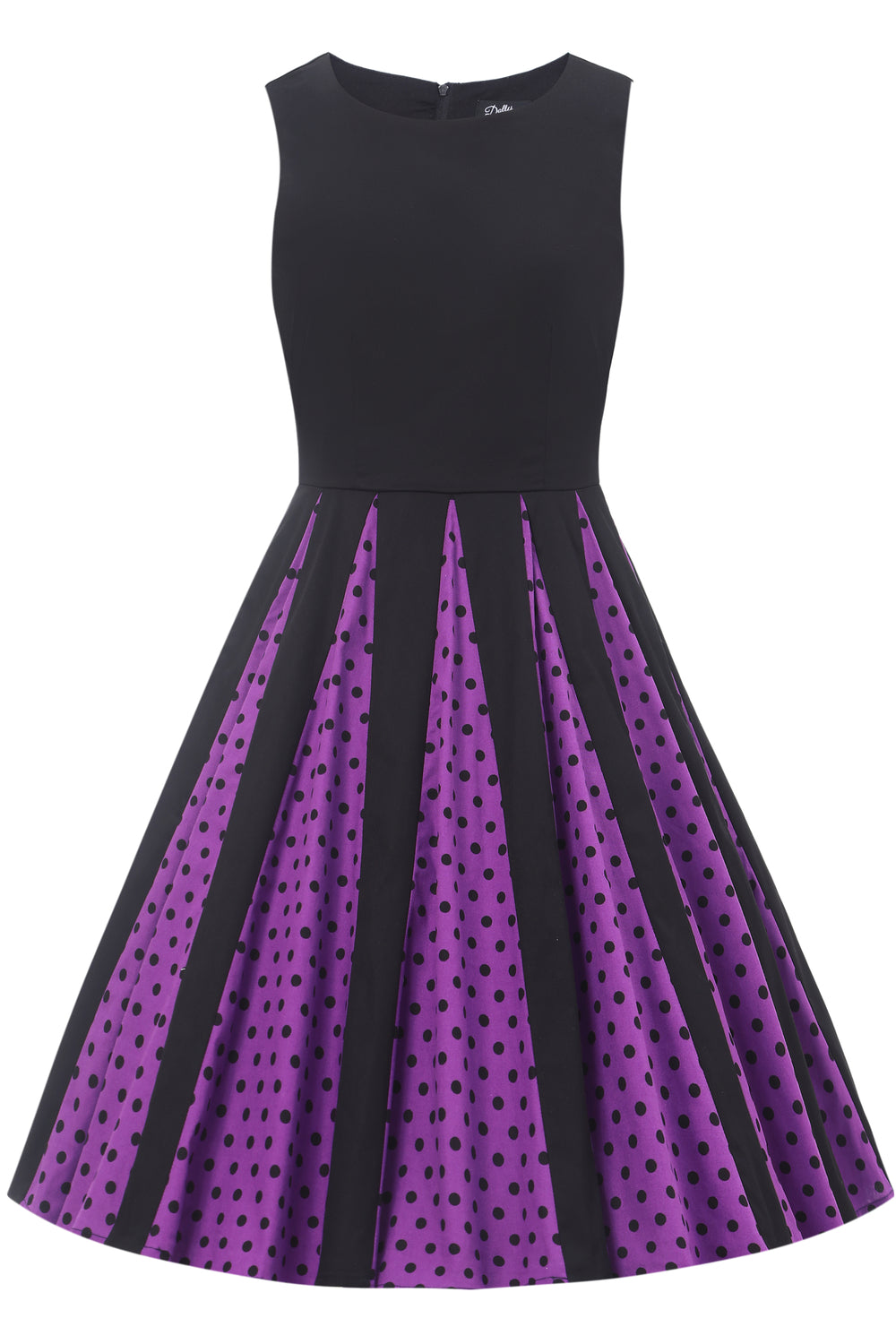 Judith Cotton Retro Pleated Polka Dot Dress in Black and Purple