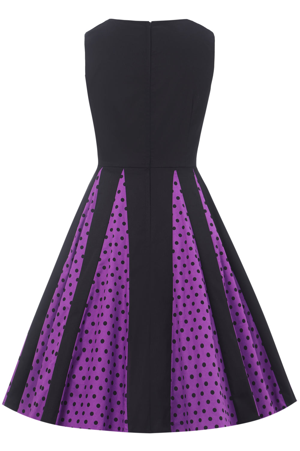 Judith Cotton Retro Pleated Polka Dot Dress in Black and Purple