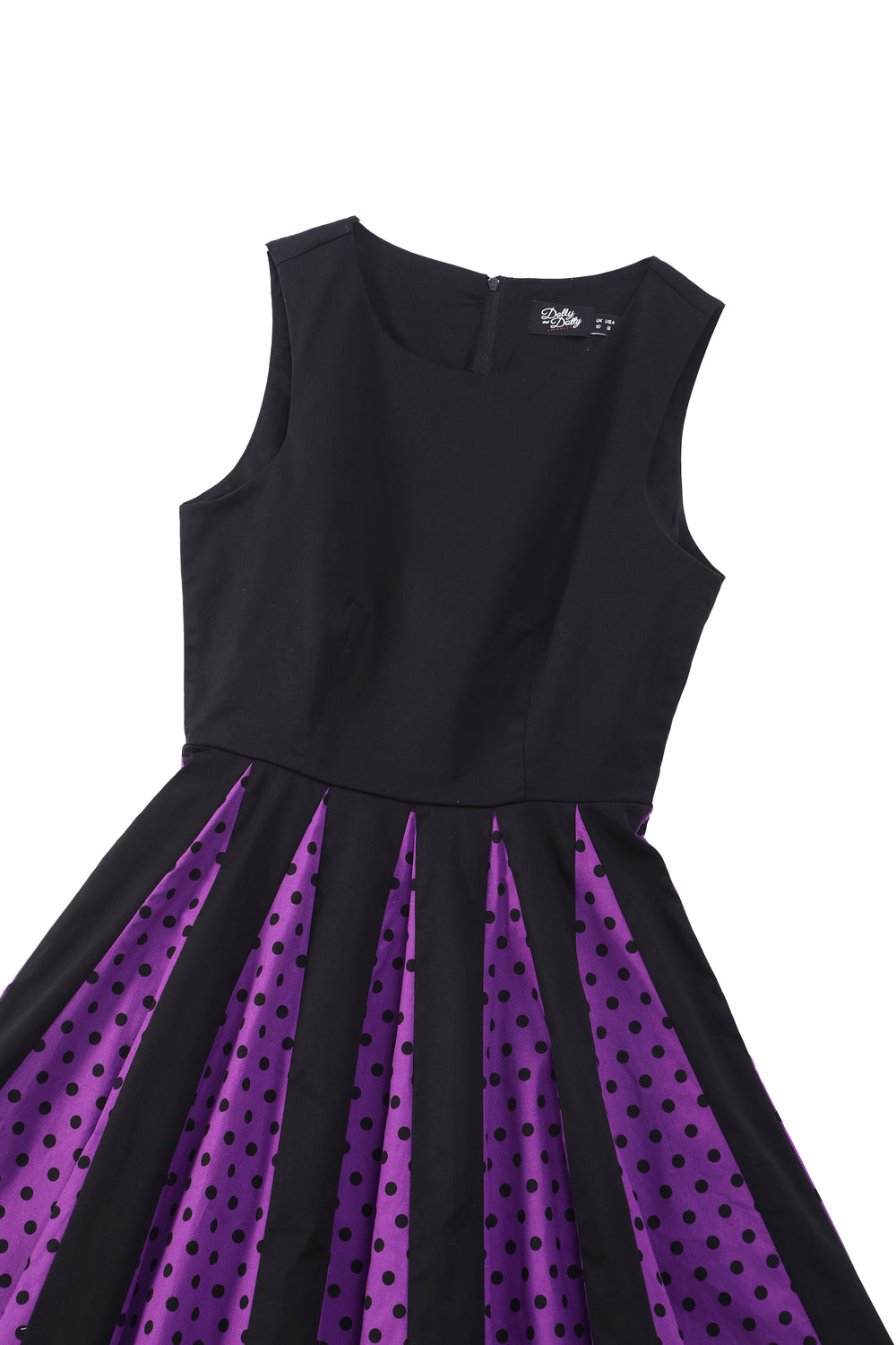 Judith Cotton Retro Pleated Polka Dot Dress in Black and Purple