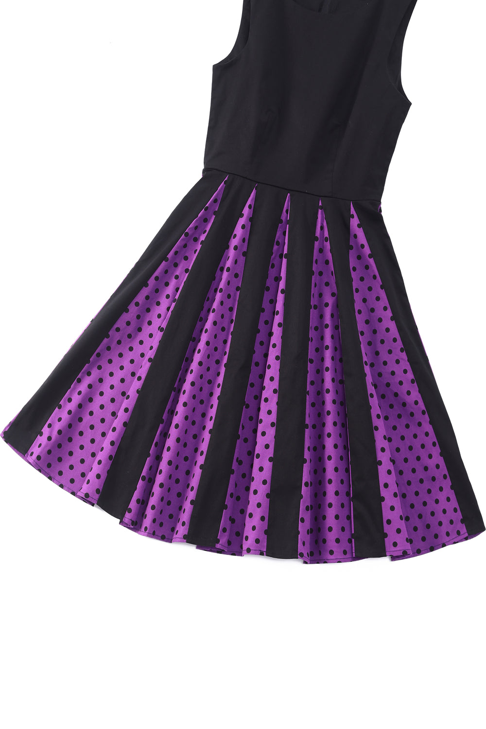 Judith Cotton Retro Pleated Polka Dot Dress in Black and Purple