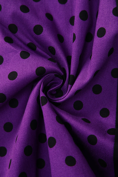 Judith Cotton Retro Pleated Polka Dot Dress in Black and Purple