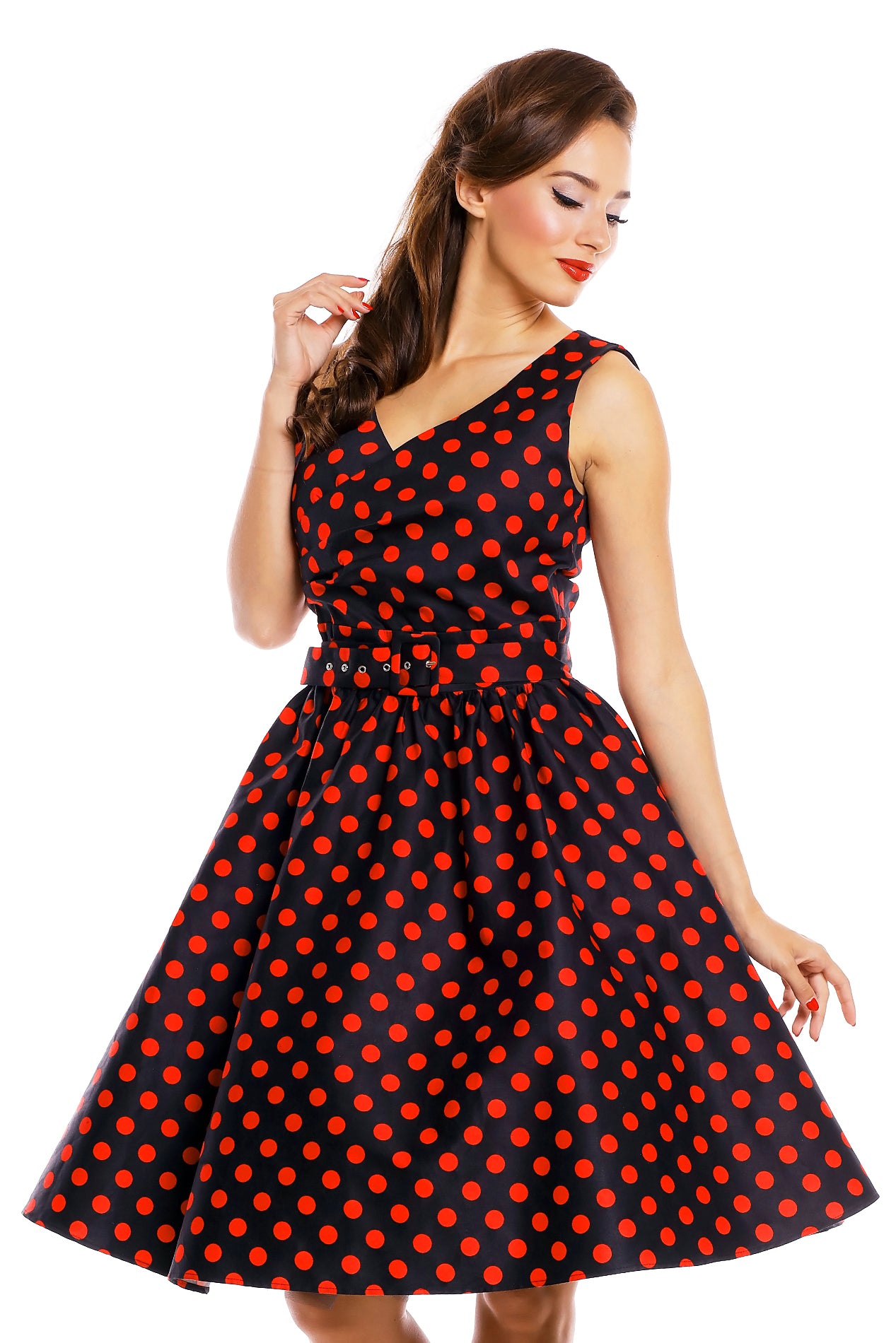 EU STOCK May V-neck 50's Style Swing Dress in Black/Red