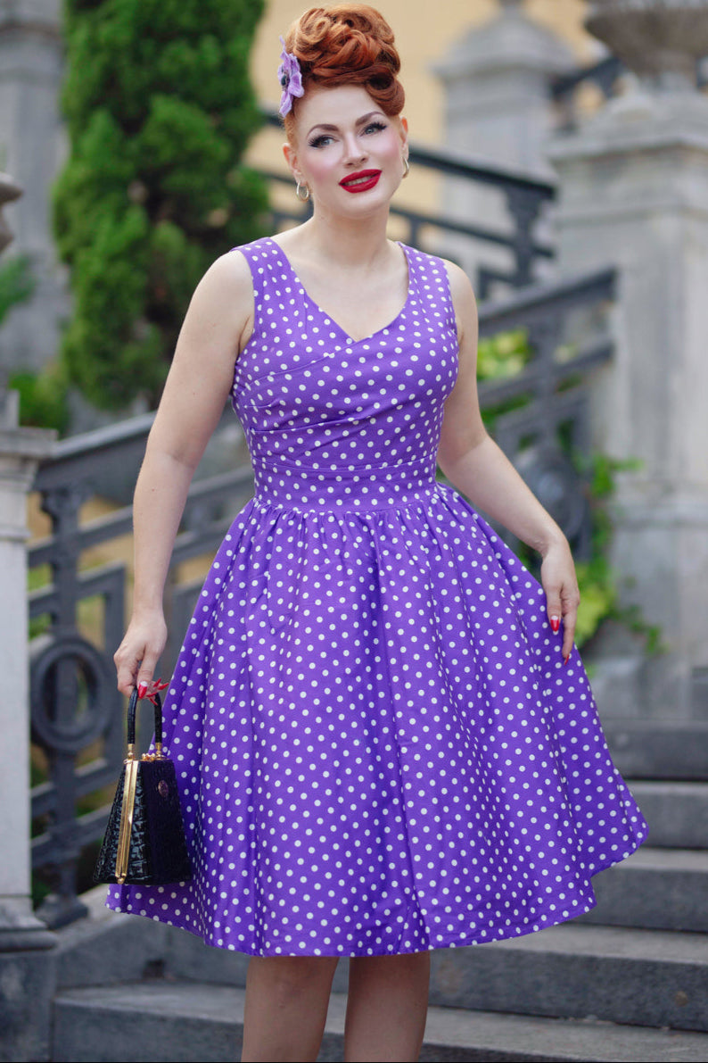 PRE-ORDER May V-neck 50's Style Swing Dress in Purple & White Polka Dot