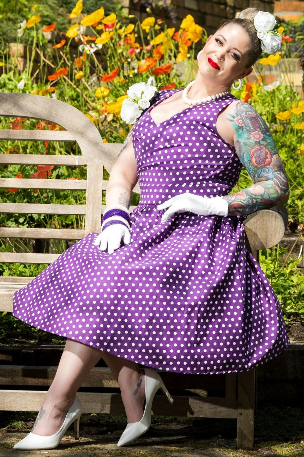 PRE-ORDER May V-neck 50's Style Swing Dress in Purple & White Polka Dot