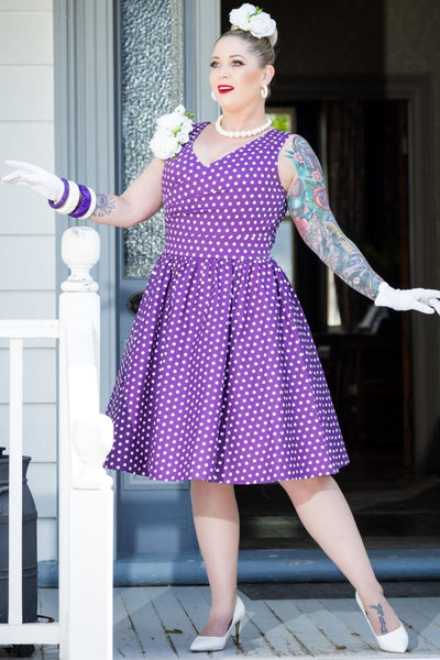 PRE-ORDER May V-neck 50's Style Swing Dress in Purple & White Polka Dot