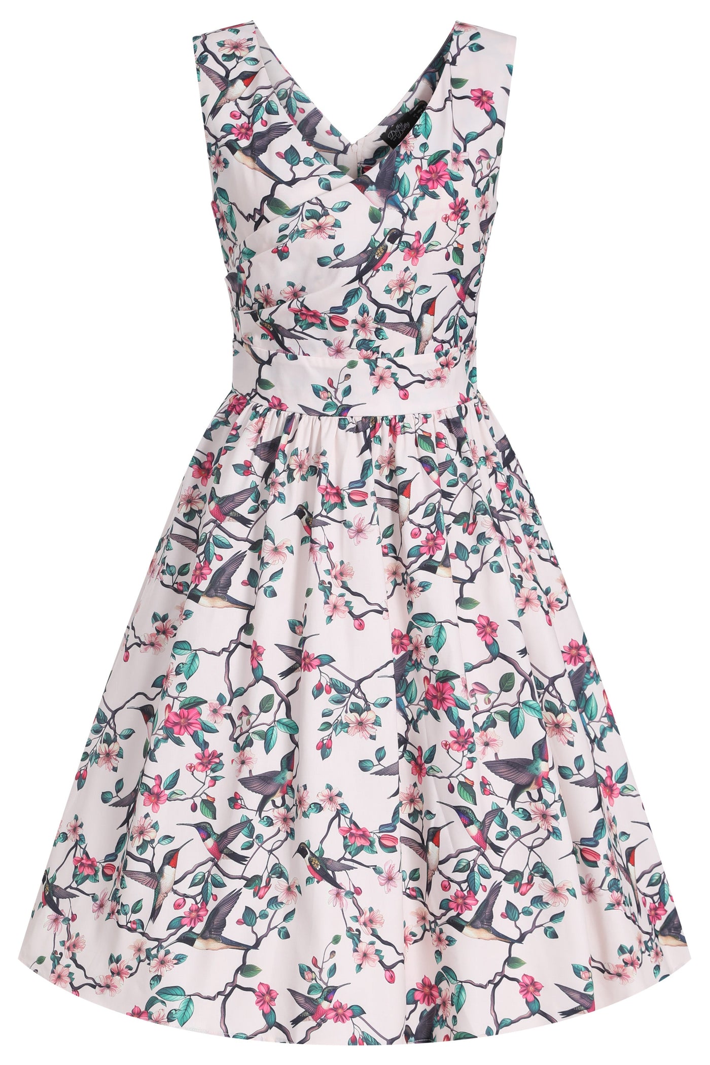 May V-neck White 50's Style Floral/Bird Print Swing Dress