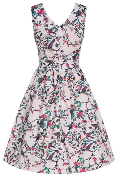 May V-neck White 50's Style Floral/Bird Print Swing Dress