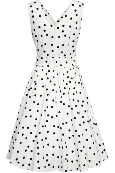 PRE-ORDER May Crossover Bust White Polka Dot Swing Dress