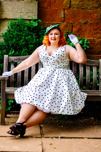 PRE-ORDER May Crossover Bust White Polka Dot Swing Dress