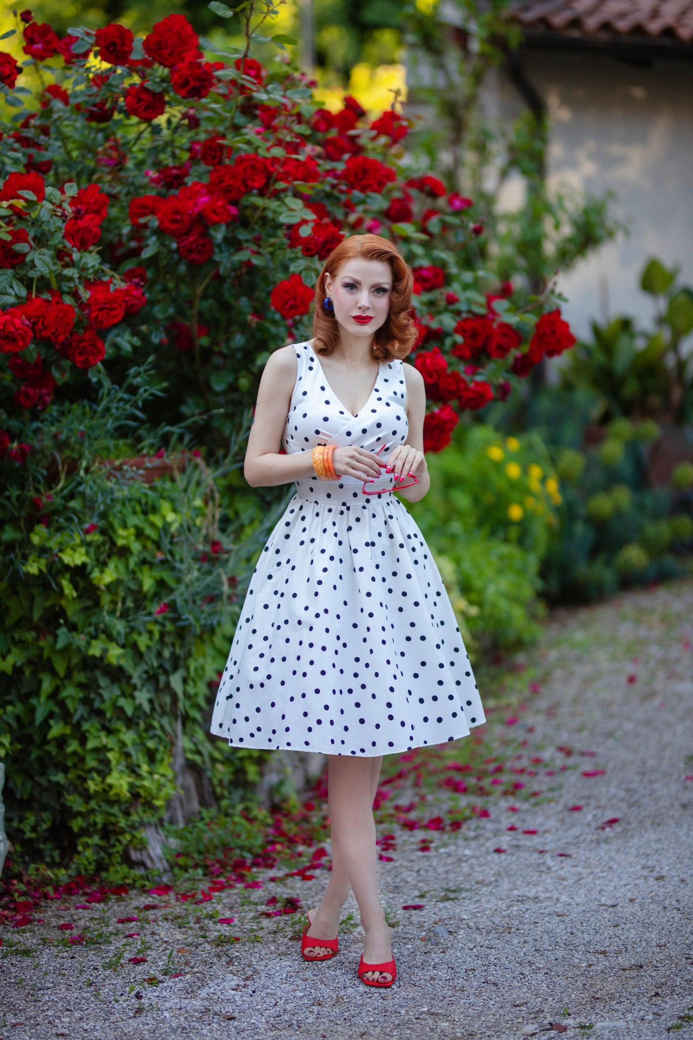 PRE-ORDER May Crossover Bust White Polka Dot Swing Dress