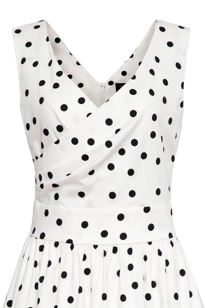 PRE-ORDER May Crossover Bust White Polka Dot Swing Dress