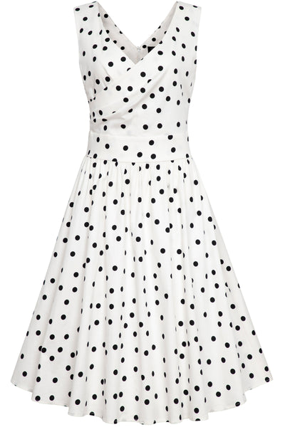 PRE-ORDER May Crossover Bust White Polka Dot Swing Dress