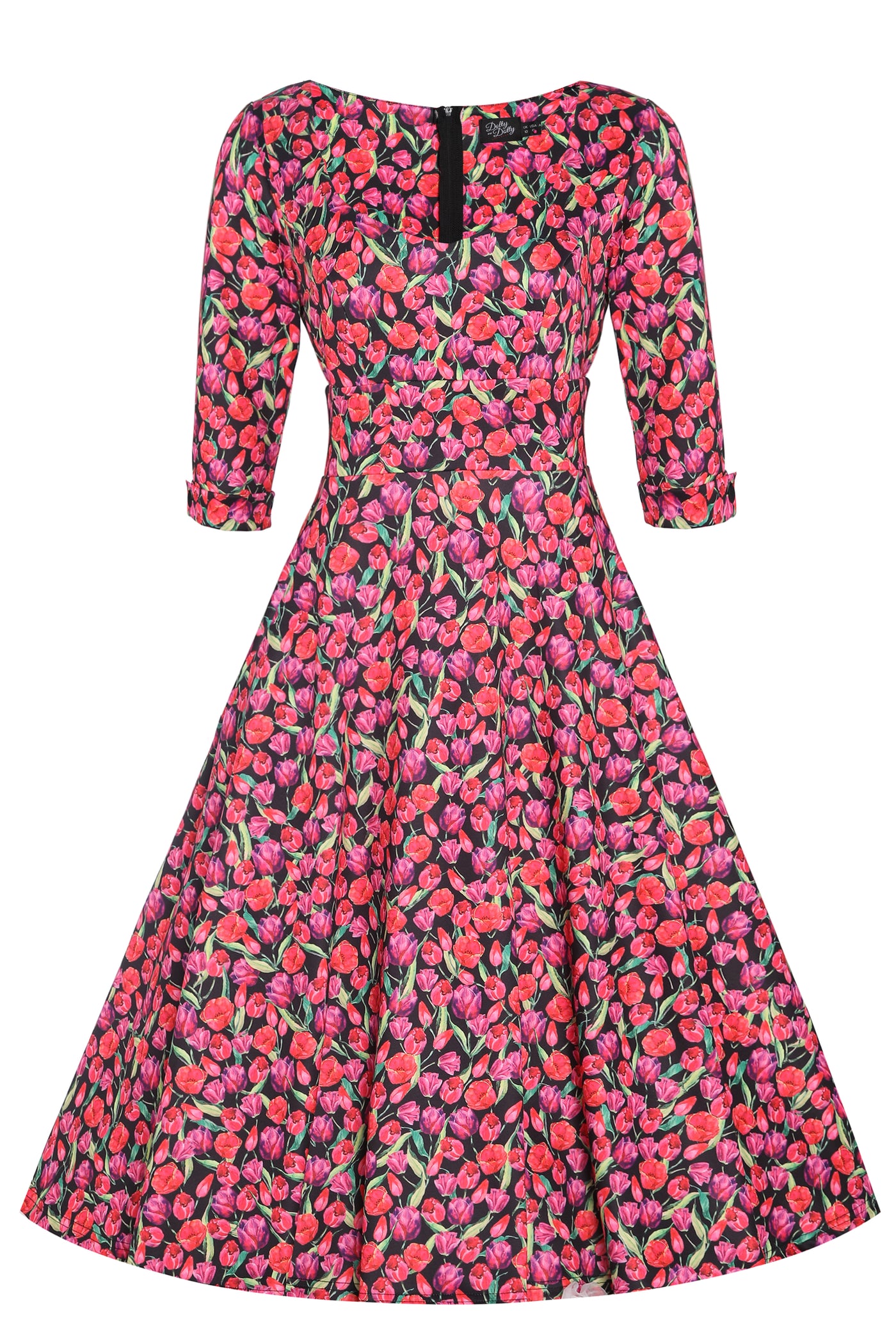 EU STOCK Scarlette Sweetheart Neckline Long-sleeved Stretchy Dress In Black and Pink Tulip Print