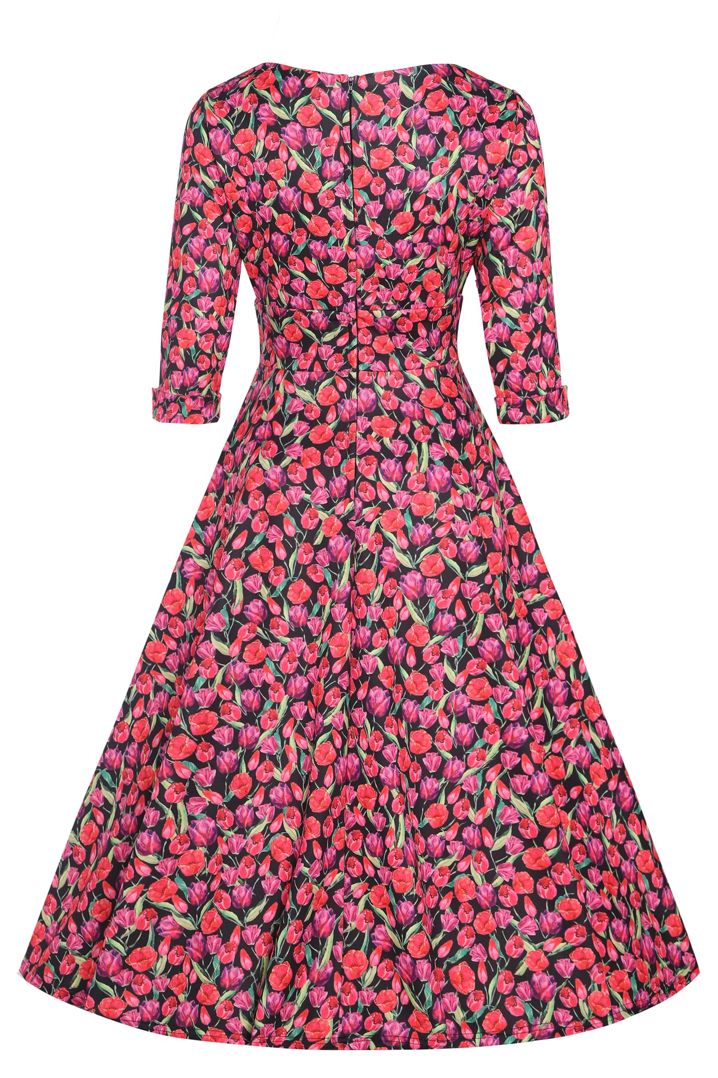 EU STOCK Scarlette Sweetheart Neckline Long-sleeved Stretchy Dress In Black and Pink Tulip Print