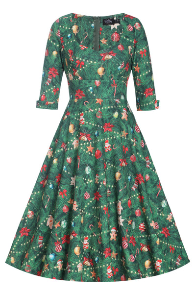 Scarlette Green Long-Sleeved Xmas Tree Print Stretchy Dress