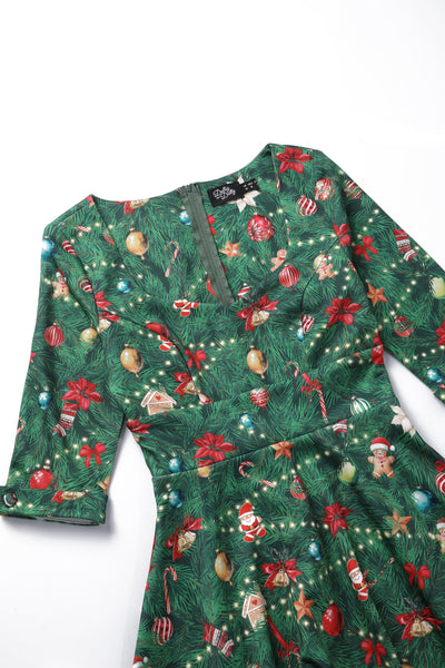 Scarlette Green Long-Sleeved Xmas Tree Print Stretchy Dress