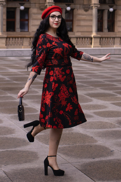 EU STOCK Beatrix Long Sleeved Black Midi Dress in Red Floral