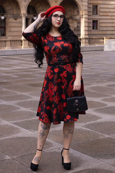 EU STOCK Beatrix Long Sleeved Black Midi Dress in Red Floral