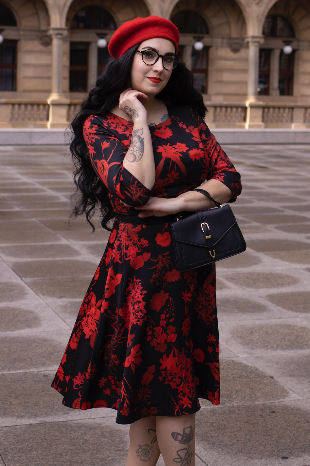 EU STOCK Beatrix Long Sleeved Black Midi Dress in Red Floral