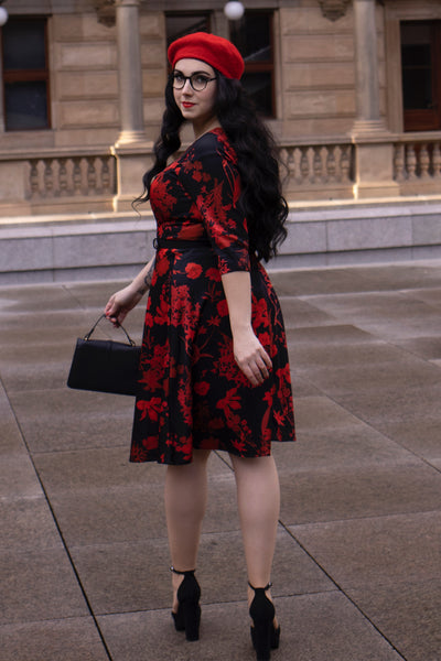 EU STOCK Beatrix Long Sleeved Black Midi Dress in Red Floral