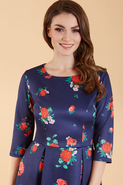 Janet Classic Long-Sleeved Flared Dress Purple with Red Flowers