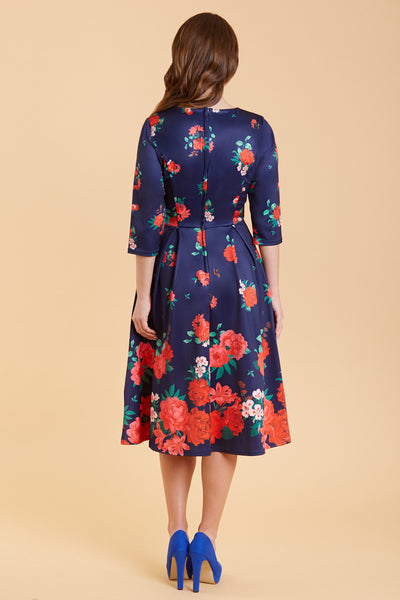 Janet Classic Long-Sleeved Flared Dress Purple with Red Flowers