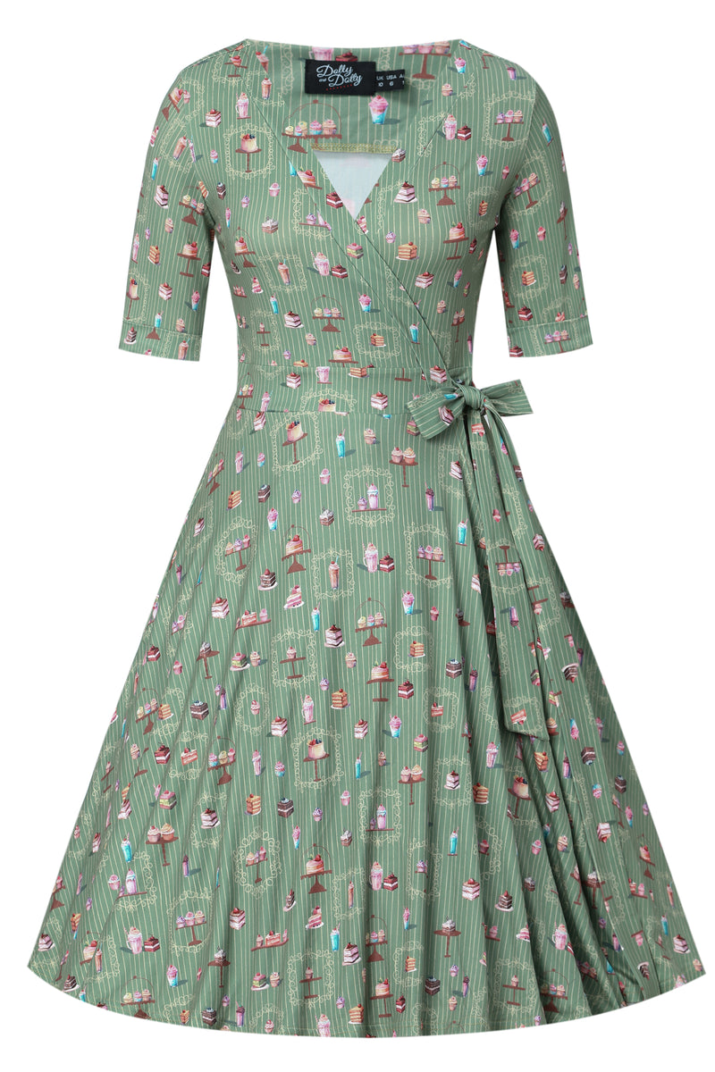 PRE ORDER Matilda Green Vintage-Inspired Cake Print Knit Wrap Dress