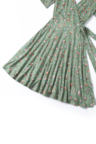 Matilda Green Vintage-Inspired Cake Print Knit Wrap Dress