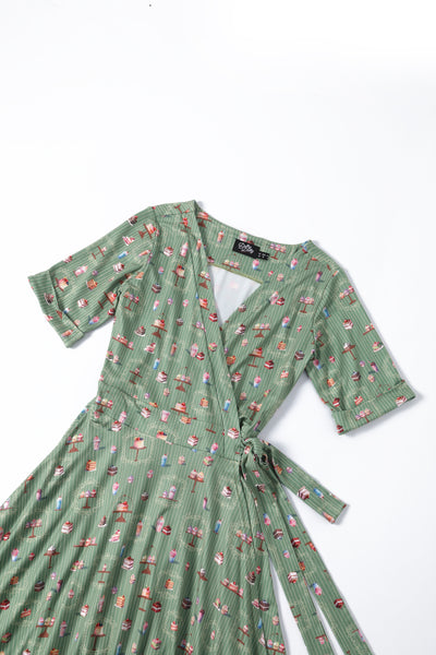 Matilda Green Vintage-Inspired Cake Print Knit Wrap Dress