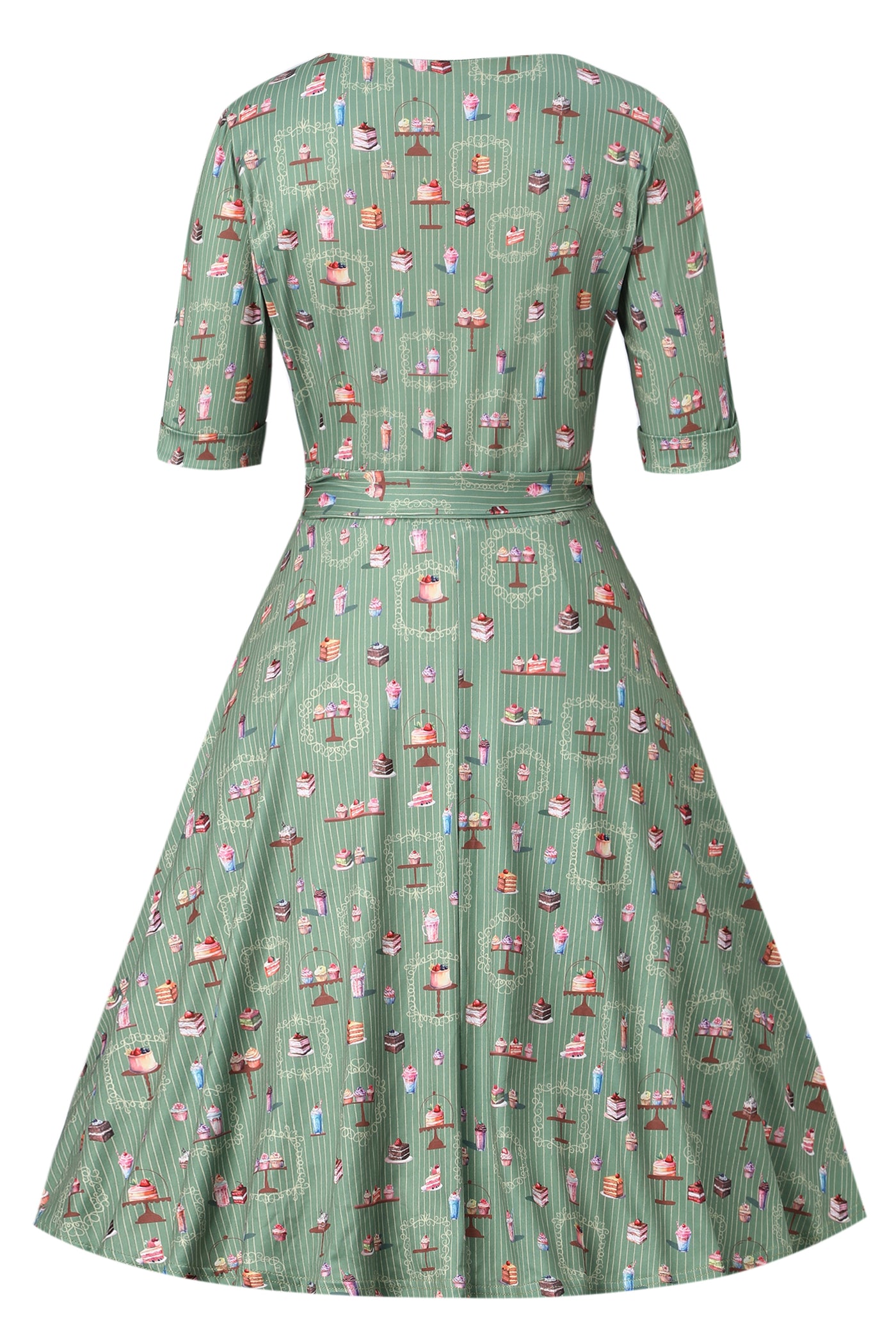 PRE ORDER Matilda Green Vintage-Inspired Cake Print Knit Wrap Dress