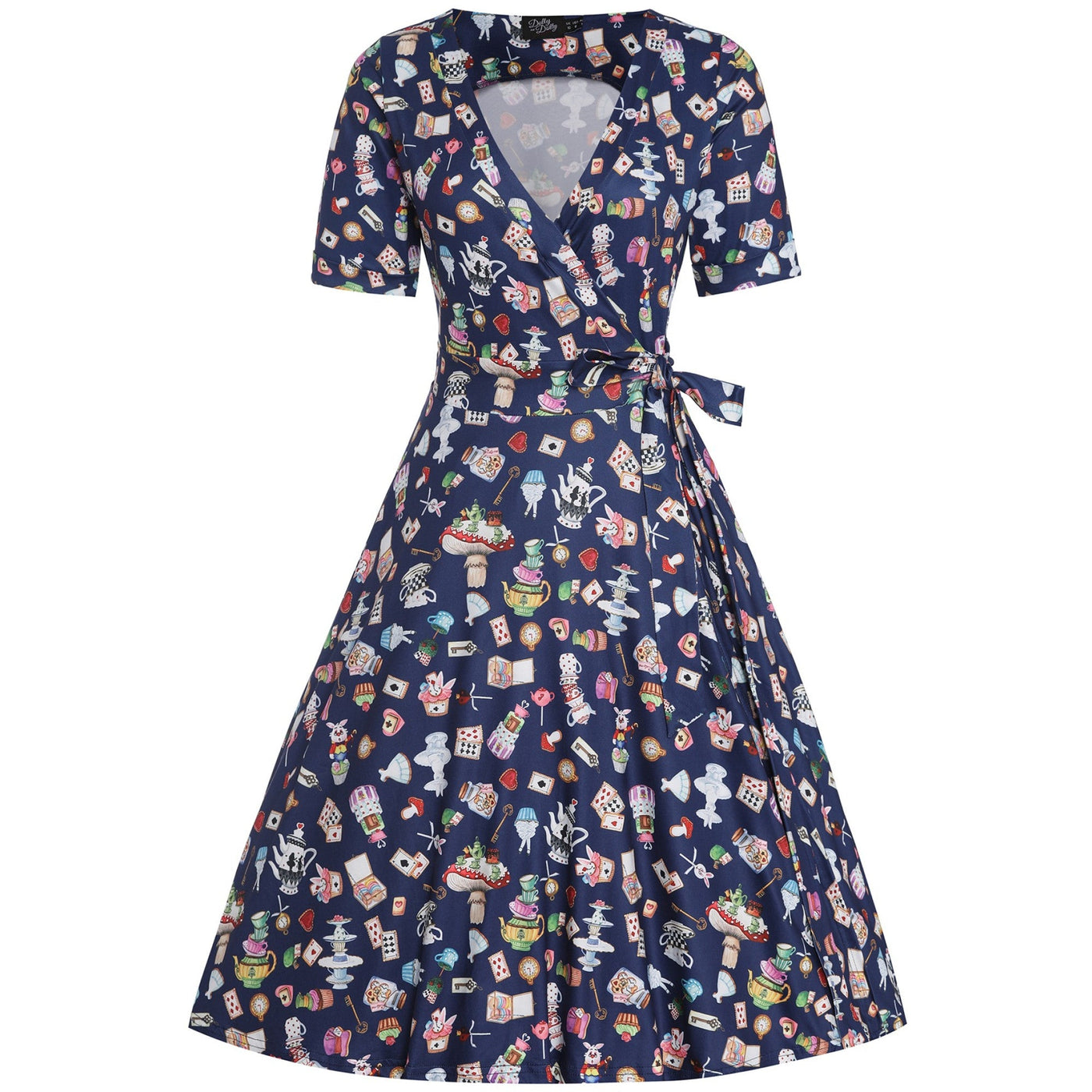 EU Stock-Matilda Navy Blue with Wonderland Print Knit Wrap Dress