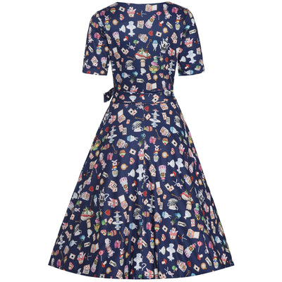 EU Stock-Matilda Navy Blue with Wonderland Print Knit Wrap Dress