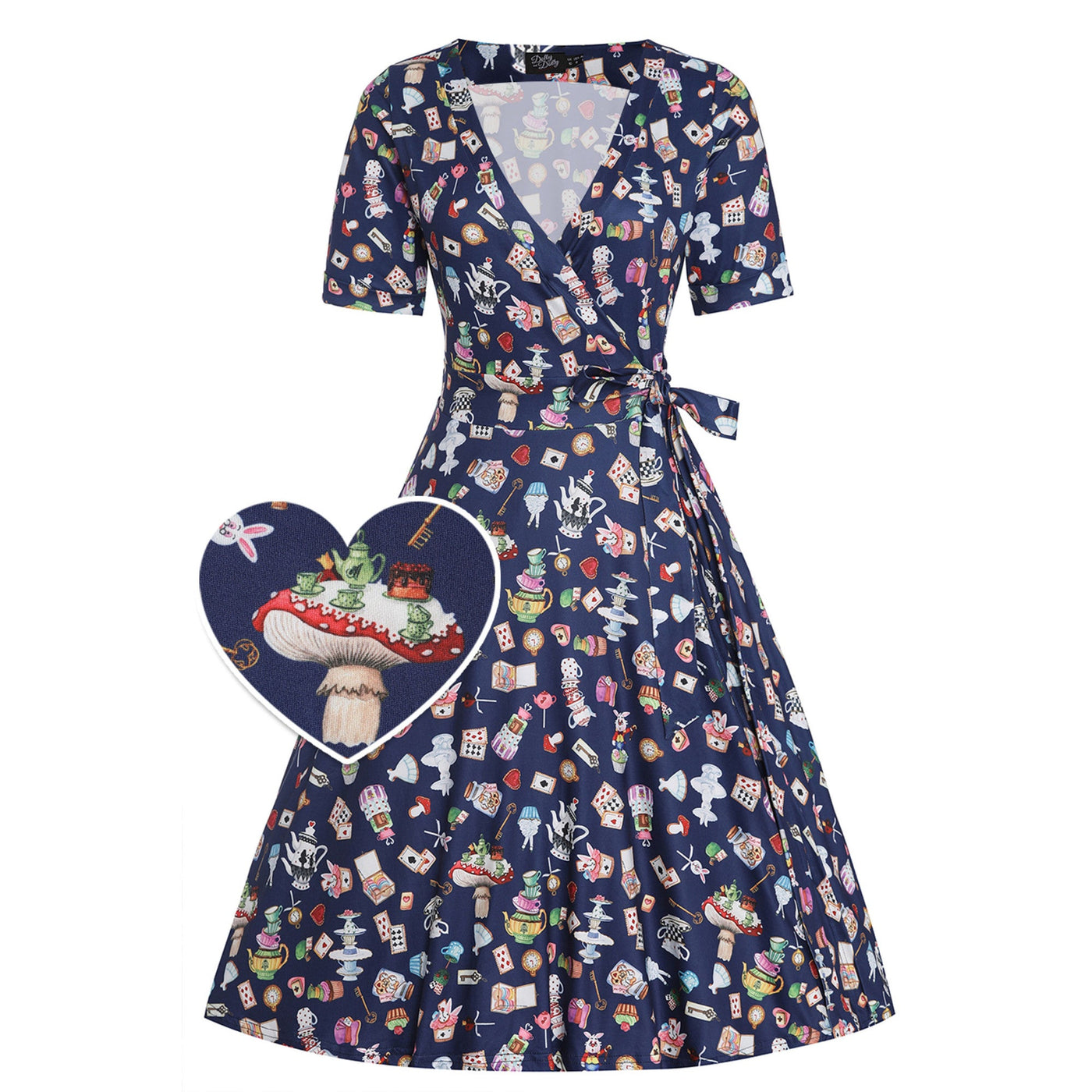 EU Stock-Matilda Navy Blue with Wonderland Print Knit Wrap Dress