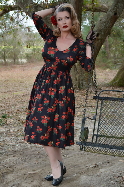 PRE ORDER Billie Long Sleeved Dress in Black & Red Rose Print