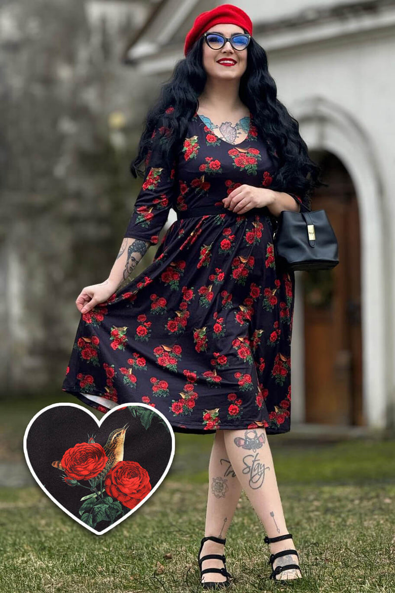 PRE ORDER Billie Long Sleeved Dress in Black & Red Rose Print