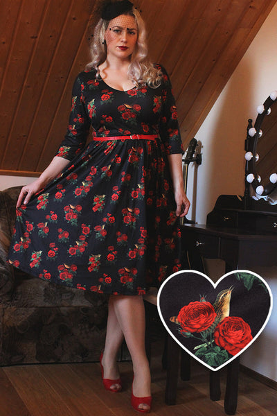 PRE ORDER Billie Long Sleeved Dress in Black & Red Rose Print