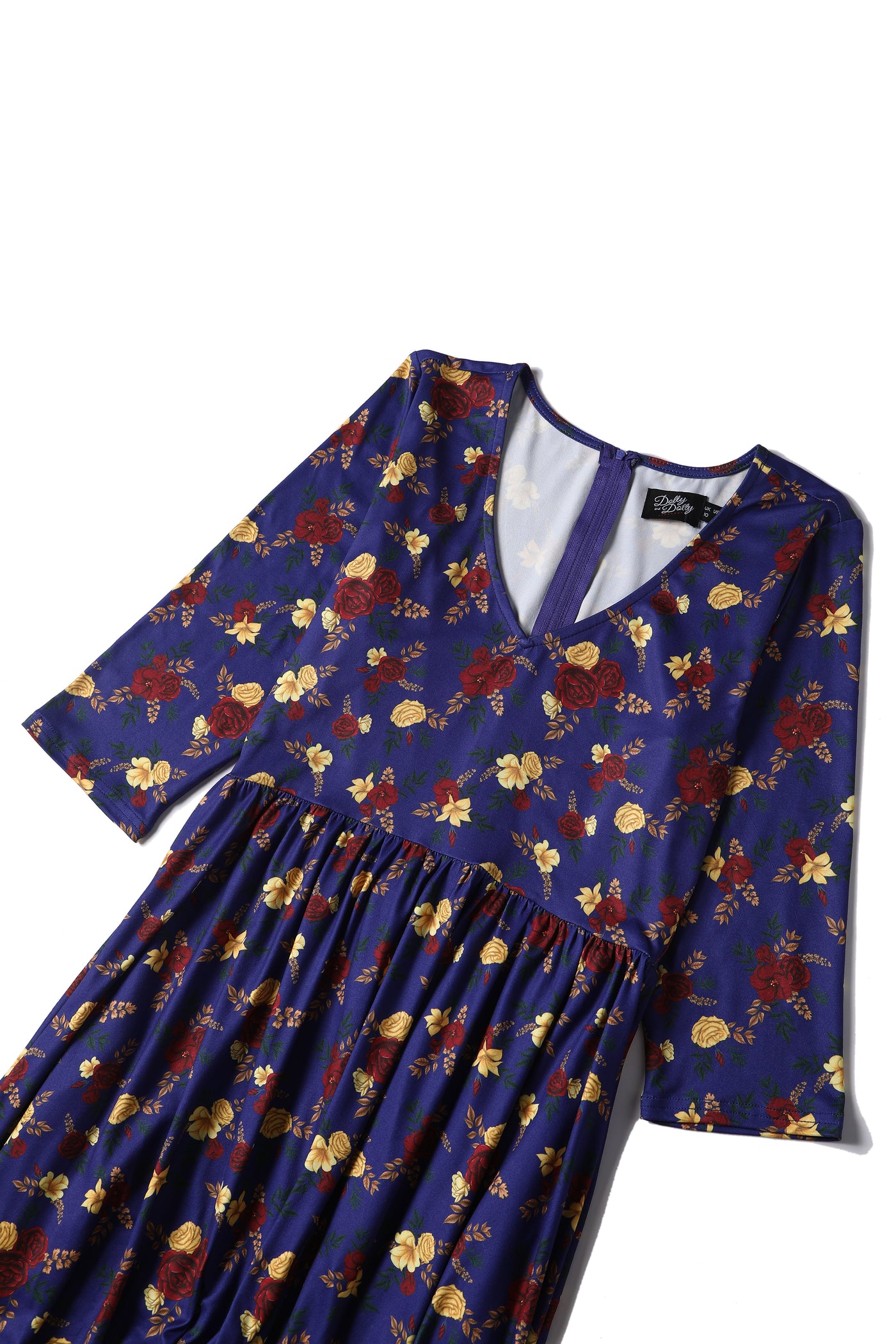 Billie Blue Long Sleeved Red Rose Print Flared Dress