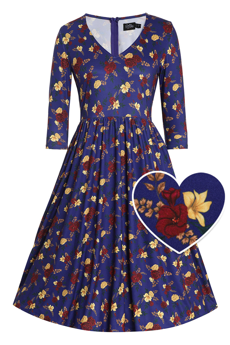 Billie Blue Long Sleeved Red Rose Print Flared Dress