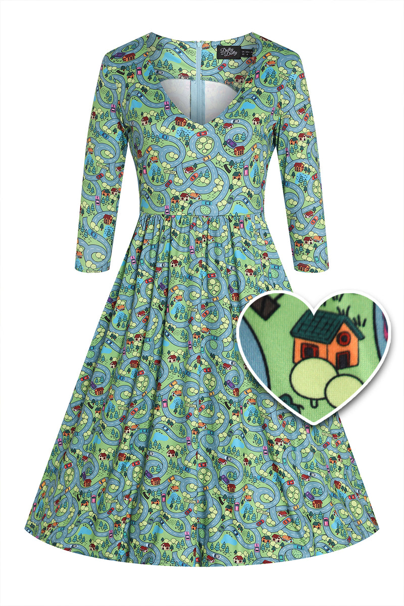 Billie Green Long Sleeved Roadmap Print Dress