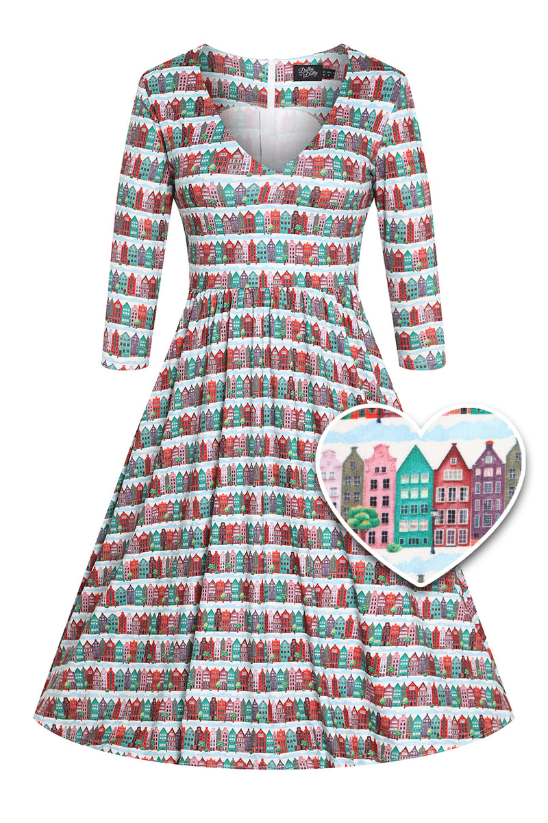 Billie Italy Block Houses Print Long-Sleeved Dress