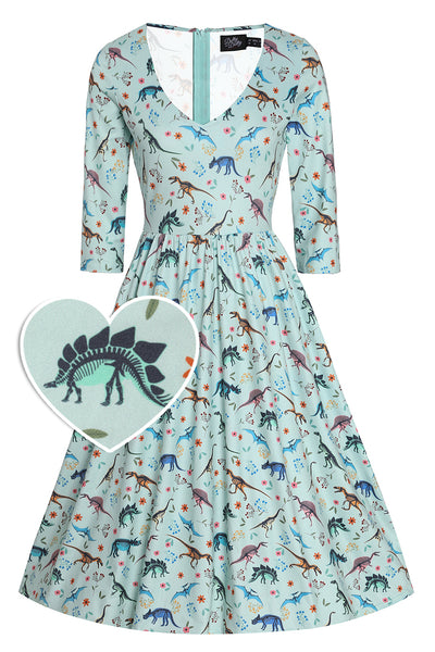 PRE ORDER Billie Long Sleeved Dress in Green Dinosaur Fossil Print