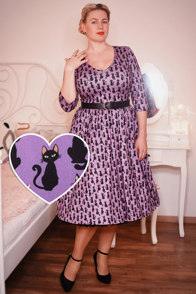 PRE ORDER Billie Long Sleeved Purple Black Cat Dress