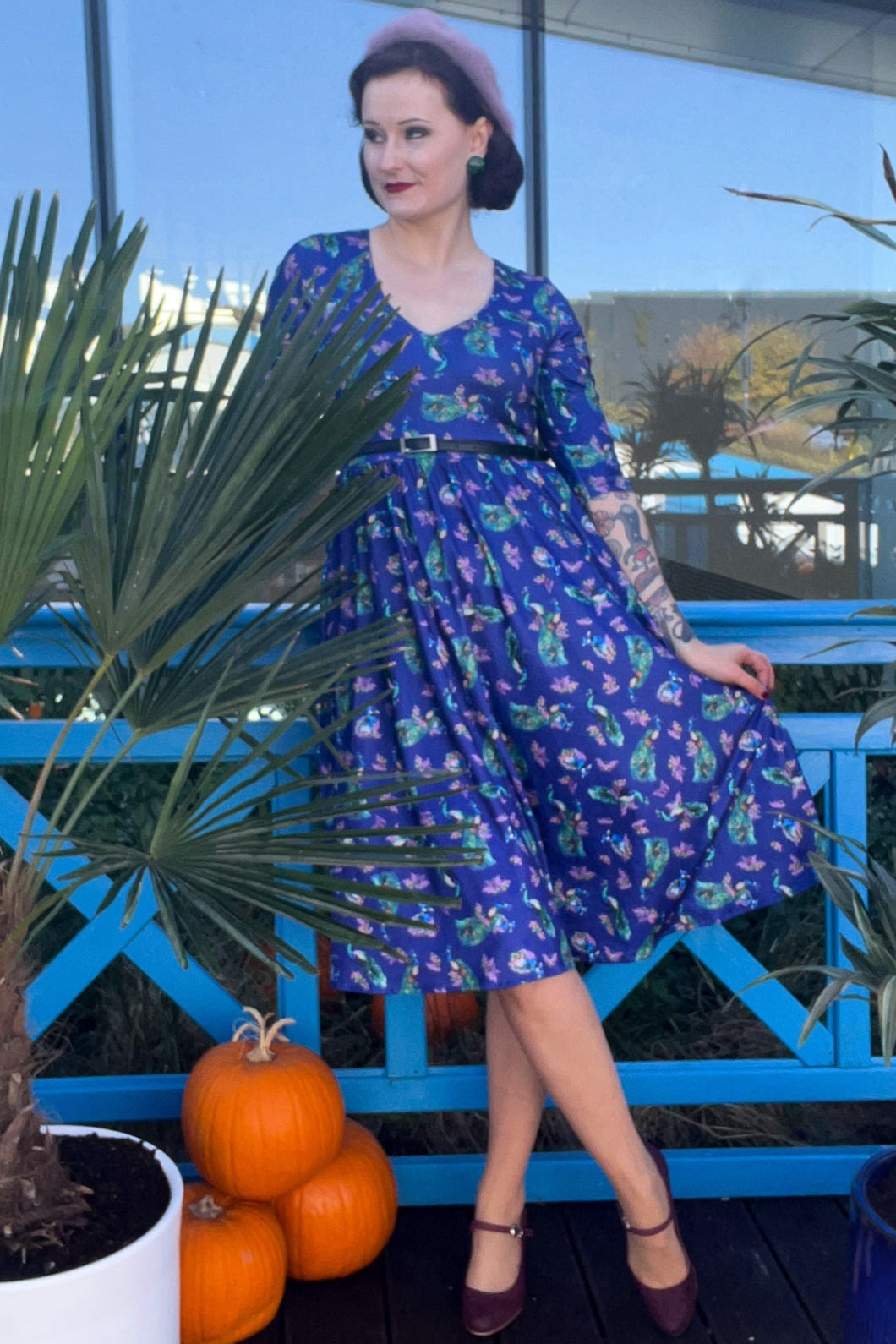 EU STOCK Billie Long Sleeved in Purple Peacock Print Dress