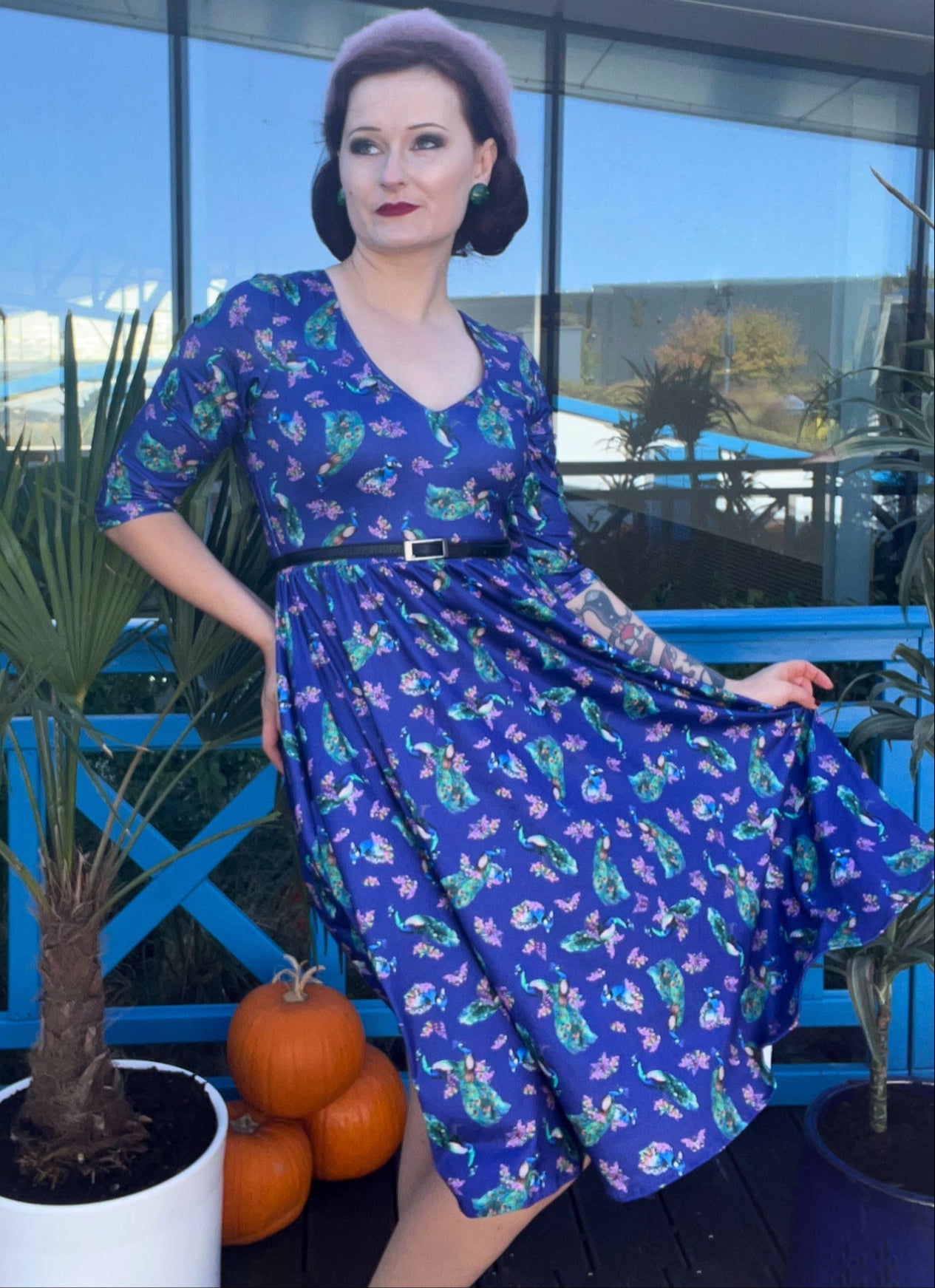 EU STOCK Billie Long Sleeved in Purple Peacock Print Dress