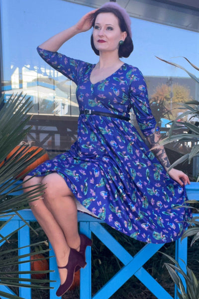 EU STOCK Billie Long Sleeved in Purple Peacock Print Dress