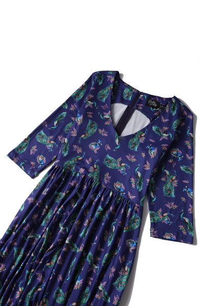 EU STOCK Billie Long Sleeved in Purple Peacock Print Dress