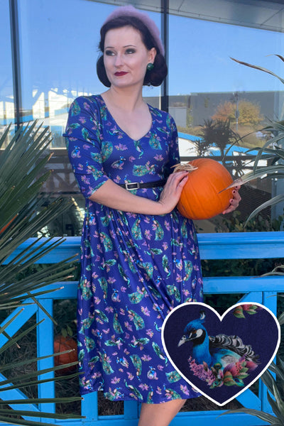 EU STOCK Billie Long Sleeved in Purple Peacock Print Dress