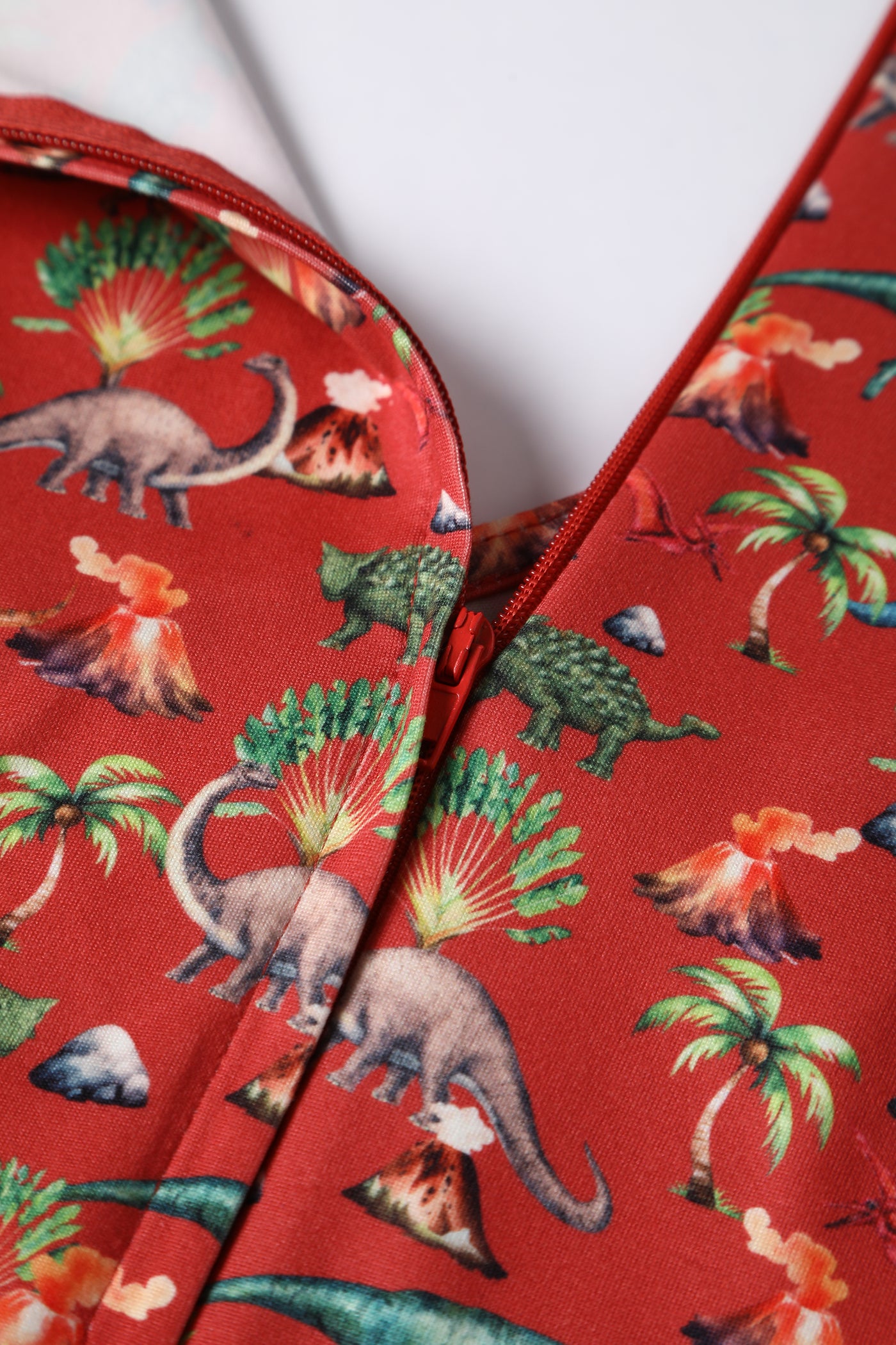 Billie Red Long-Sleeved Dinosaur/Volcano Print Dress