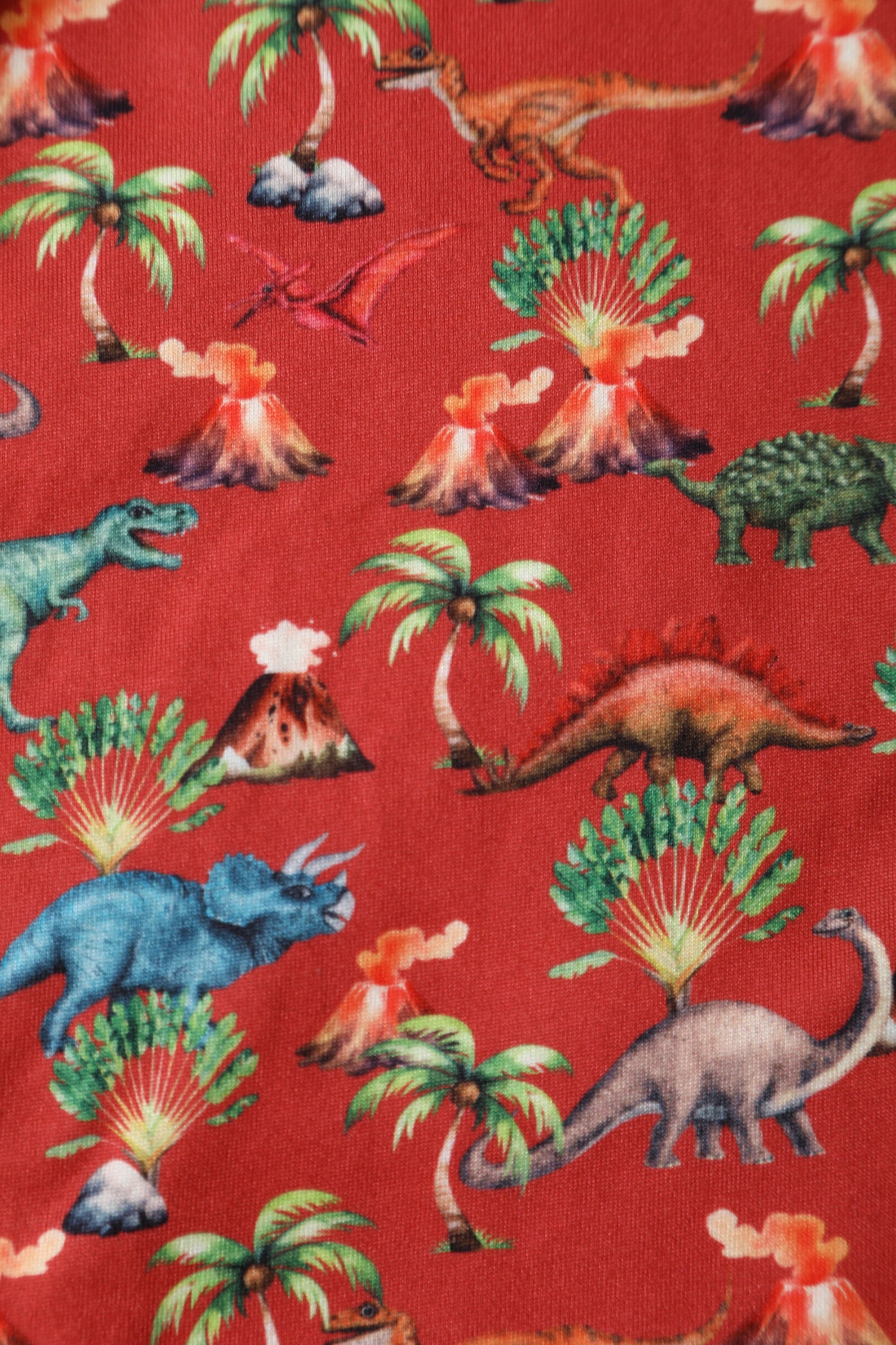 Billie Red Long-Sleeved Dinosaur/Volcano Print Dress